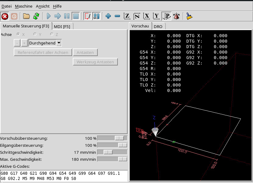 LinuxCNC Benutzeroberfläche mit Quadrat-Testlauf